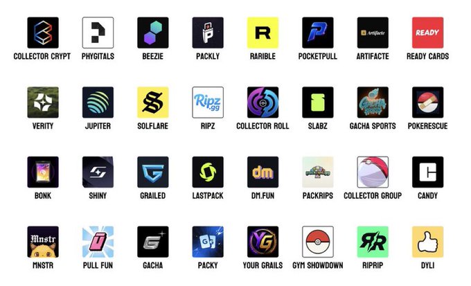 A grid of 32 various app icons and logos related to trading cards and digital collectibles, including Collector Crypt, Phygitals, Beezie, Packly, Rarible, Pocketpull, Artifacte, and Ready Cards.