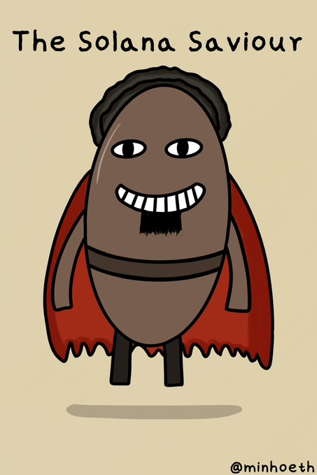 Cartoon drawing titled 'The Solana Saviour' by @minhoeth, depicting a smiling chocolate coin character wearing a red superhero cape.