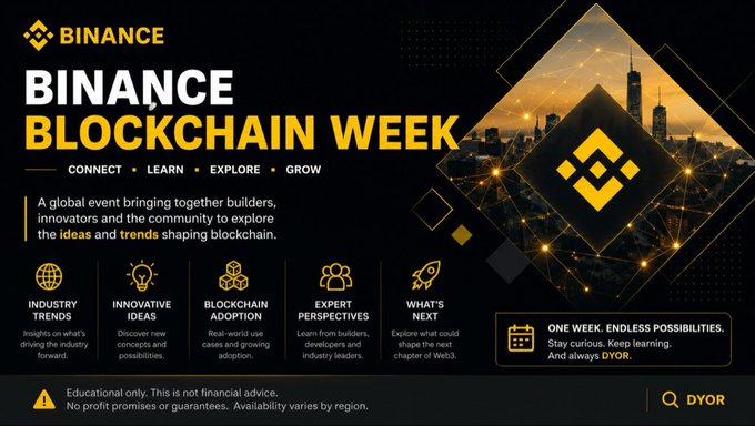 A promotional graphic for **Binance Blockchain Week**, featuring the event's tagline "Connect • Learn • Explore • Grow" along with four highlighted focus areas (Industry Trends, Innovative Ideas, Blockchain Adoption, and Expert Perspectives) and the "DYOR" (Do Your Own Research) call-to-action, set against a futuristic cityscape backdrop with Binance's gold branding.