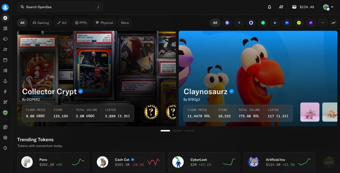 A screenshot of the OpenSea NFT marketplace interface featuring trending collections 'Collector Crypt' and 'Claynosaurz' along with trending tokens like 'Poos', 'Cash Cat', 'CyberKrok', and 'Artificial Inu'.
