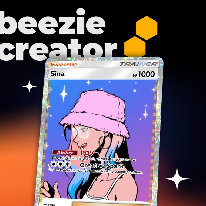 A digital collectible card titled 'beezie creator' featuring an anime-style character named 'Sina' with the ability 'POV' and 'Creative Spark'.