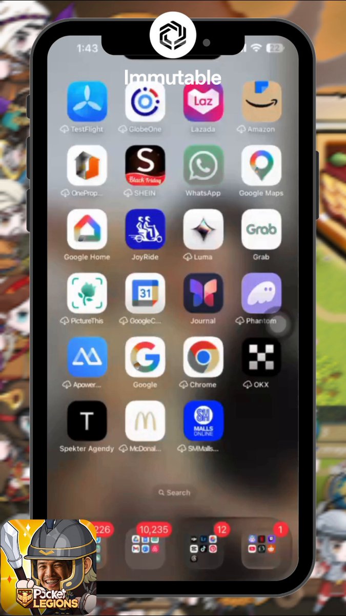 The image shows a cell phone screen with various app icons displayed, including social media apps like Instagram, Google Maps, and others. The background of the image also features a cartoon character wearing a helmet. The caption for this image reads "Haven't pre-registered for Pocket Legends ( @Mintory_labs ) yet? Don'T miss out, start questing and earning now on @Immutable".