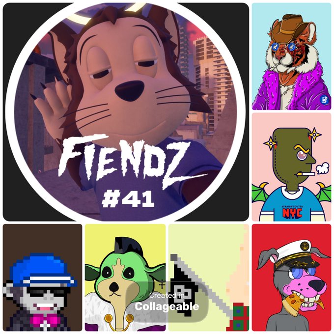 A collage featuring cartoon animal NFTs, including a tiger in a purple jacket and a green zombie-like figure, with the text 'FIENDZ #41' overlaid on a central image of a cat-like character.