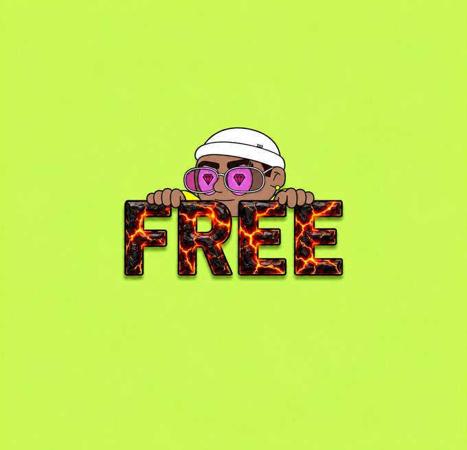 A graphic on a green background showing a cartoon character wearing a white beanie and pink sunglasses peeking over the word 'FREE' styled in fiery letters.