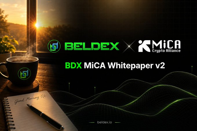 Promotional graphic for the 'BDX MiCA Whitepaper v2' featuring the Beldex and MiCA Crypto Alliance logos, set against a background of a coffee cup and a notebook reading 'Good Morning.'