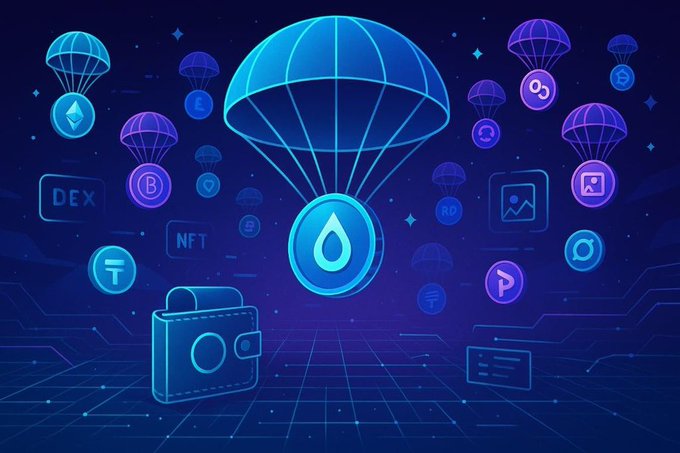 A digital illustration with a dark blue cyber-themed background featuring a large central parachute with a water droplet token (SUI), surrounded by various cryptocurrency logos and parachutes including Ethereum, BNB, NFT, DEX, and others, along with a digital wallet icon.
