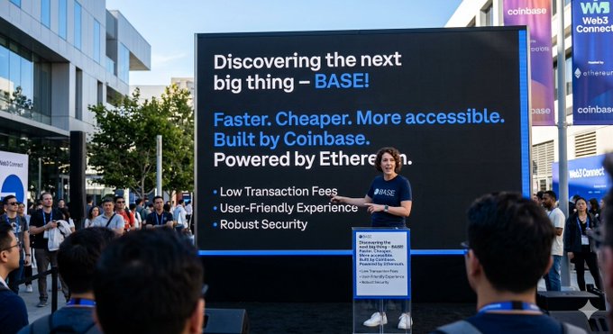 The image shows a woman standing behind a podium at an event, giving a presentation about a new technology called "Base" that is being developed by Coinbase. The woman appears to be explaining the benefits of this new technology, which could potentially revolutionize various industries such as DeFi, NFTs, and Web3. The audience consists of several people who are listening attentively to her speech.