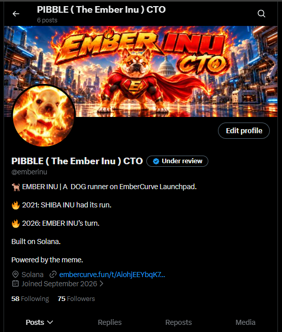X (Twitter) profile for 'PIBBLE (The Ember Inu) CTO' @emberinu, marked as 'Under review,' featuring a flaming Shiba Inu superhero banner.