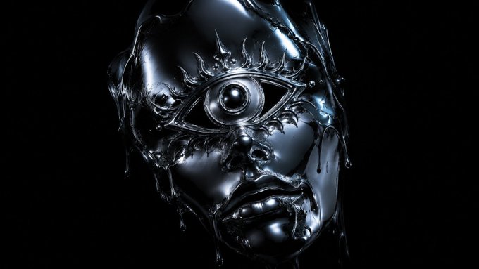 A dark, surreal digital artwork of a glossy black metallic face with a single ornate eye design, set against a black background.