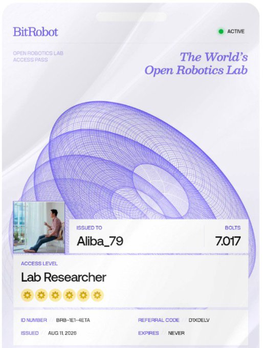 A digital access pass titled 'BitRobot - The World's Open Robotics Lab' issued to 'Aliba_79' as a 'Lab Researcher' with a 5-star access level, ID BRB-1E1-4ETA.