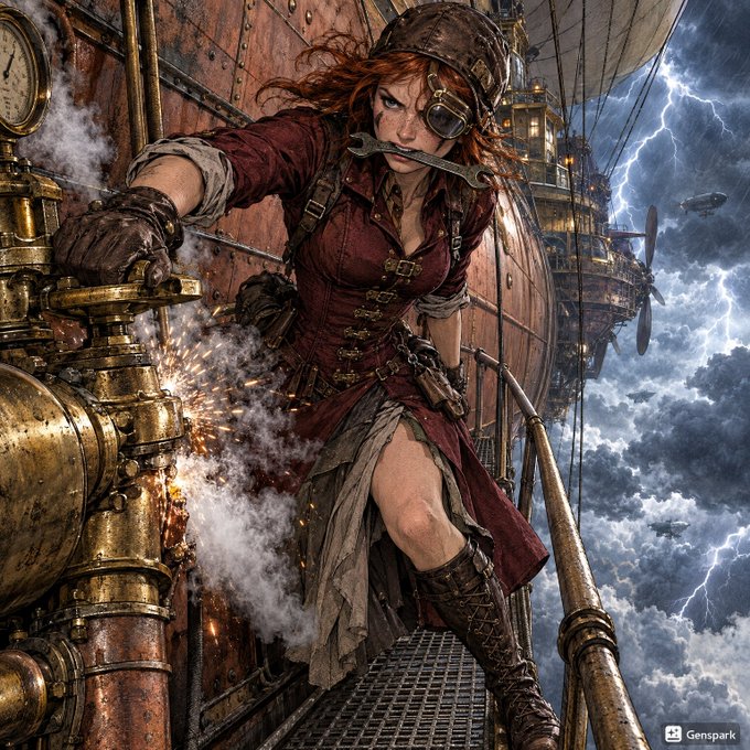 A fierce red-haired woman in steampunk attire works on industrial machinery atop an airship amid a stormy, lightning-filled sky, holding a wrench in her teeth while operating glowing brass valves. The artwork fits the post's steampunk theme invitation, with the Genspark watermark visible in the bottom right corner.