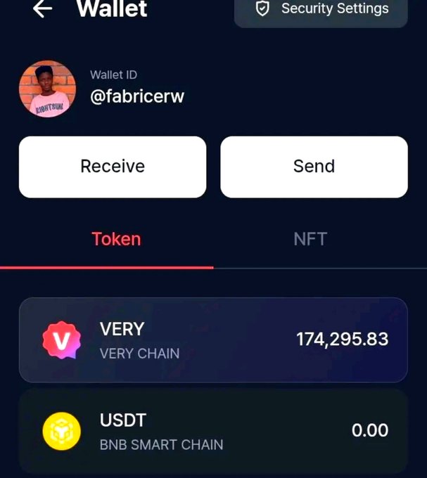 A cryptocurrency wallet app screenshot showing user '@fabricerw' with Token balances displayed, including 174,295.83 VERY (Very Chain) and 0.00 USDT (BNB Smart Chain), along with Receive and Send buttons.