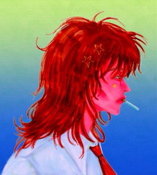 The image features an illustration of a person with red hair, wearing a white shirt and tie, and holding a cigarette. The background consists of blue and green colors that blend together, creating a unique atmosphere for the scene. The artist has used a digital art style to create this image, which is described as "very nice".