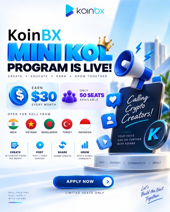 An advertisement for the 'KoinBX Mini KOL Program is Live!' recruiting crypto creators, offering $30 monthly earnings with 50 seats available, open to applicants from India, Vietnam, Bangladesh, Turkey, and Indonesia.