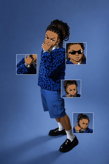 A digital illustration of a young person with dreadlocks in a blue leopard print sweater, surrounded by four smaller inset images showing different expressions and poses against a blue background.