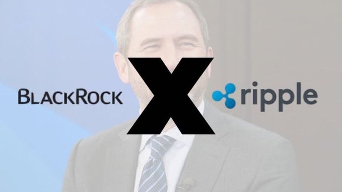 A graphic showing BlackRock and Ripple logos separated by a large 'X' over a faded background of a businessman.