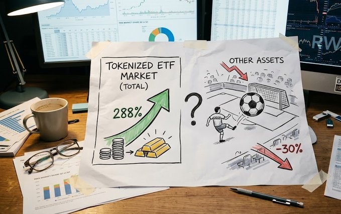 A hand-drawn chart on crumpled paper sits on a desk between coffee and monitors, comparing the 'Tokenized ETF Market (Total)' at +288% with 'Other Assets' at -30%, featuring a soccer player and a question mark between them.