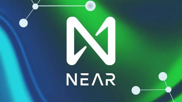 The NEAR cryptocurrency logo displayed against a blue and green gradient background with network node graphics.