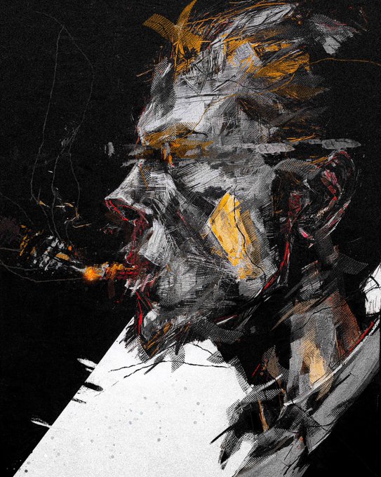 An abstract digital painting depicts a profile of a man's face in fragmented black, gray, and gold brushstrokes against a dark background.