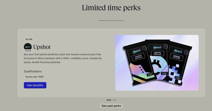 A webpage titled 'Limited time perks' advertising an 'Upshot' promotion where buying a first pack receives a second free, with qualifications requiring a score over 1400, showing three Upshot prediction packs (Sport, Crypto, Gaming).