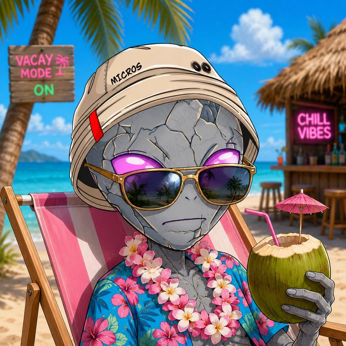 A cartoon/illustration of a cracked stone-like character wearing a beige helmet labeled 'MICROS', purple sunglasses, a Hawaiian flower shirt and lei, holding a coconut drink on a beach with 'VACAY MODE ON' and 'CHILL VIBES' signs.