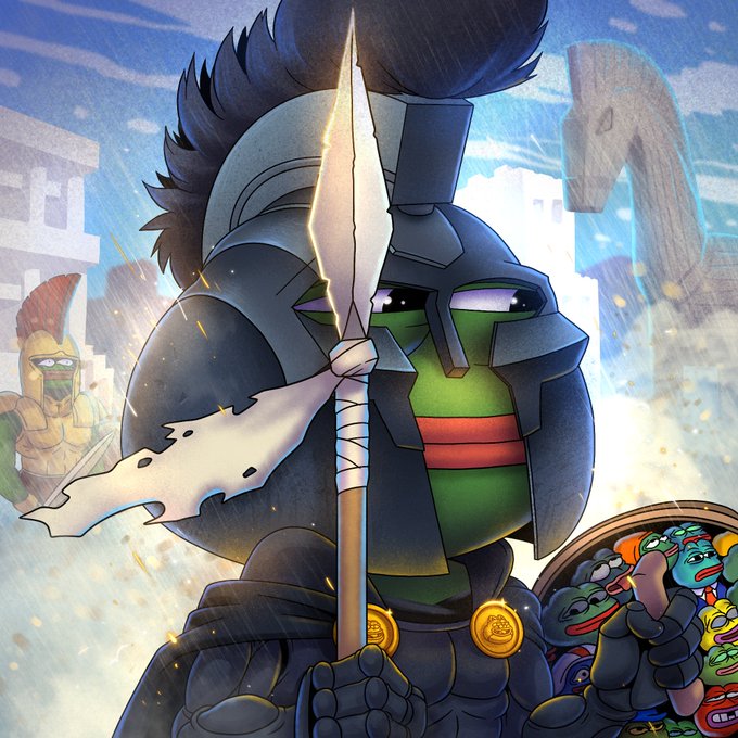 A green Pepe dressed as a Spartan warrior with a plumed helmet, shield, and spear stands prominently in the foreground, while other Pepe characters appear in the background, illustrating the post's reference to "completing the accessories for @TrustUsNFT" through the warrior gear and the mention of para__kingdom as a thematic setting.