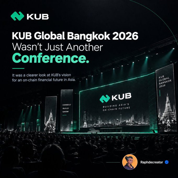 A promotional graphic for 'KUB Global Bangkok 2026' with the tagline 'Wasn't Just Another Conference' and 'BUILDING ASIA'S ON-CHAIN FUTURE', featuring a stage event image and a 'Raphdecreator' profile badge.