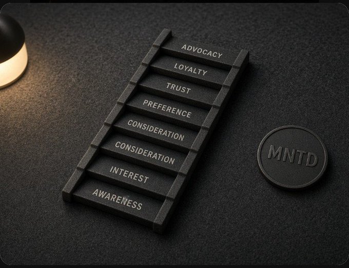 A conceptual 3D render of a black staircase with each step labeled with marketing funnel terms: 'AWARENESS, INTEREST, CONSIDERATION, CONSIDERATION, PREFERENCE, TRUST, LOYALTY, ADVOCACY', next to a coin marked 'MNTD'.