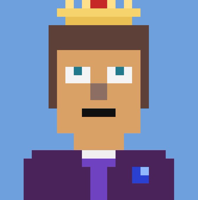 A pixel art style portrait of a character wearing a crown with a red jewel, against a blue background.