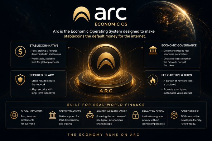 A promotional graphic for 'Arc Economic OS' describing it as a system to make stablecoins the default internet currency, featuring features like 'Stablecoin-Native', 'Economic Governance', 'Secured by Arc', and 'Fee Capture & Burn'.