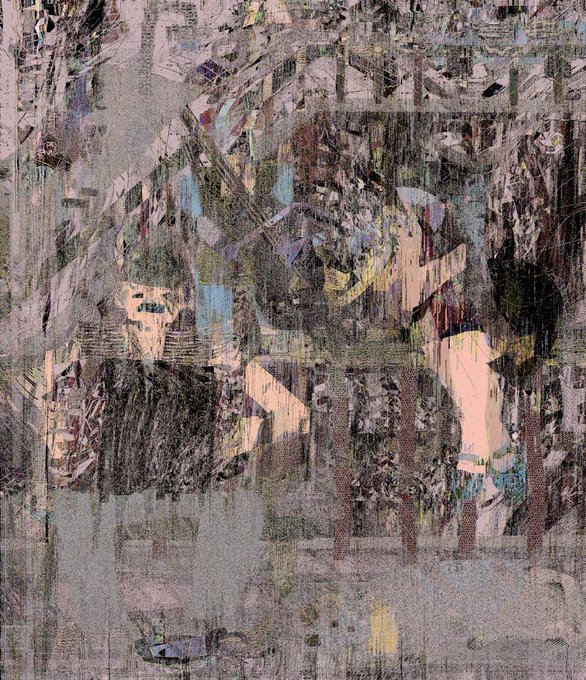 An abstract, textured painting with layered, fragmented imagery in muted tones of gray, blue, brown, and pink.