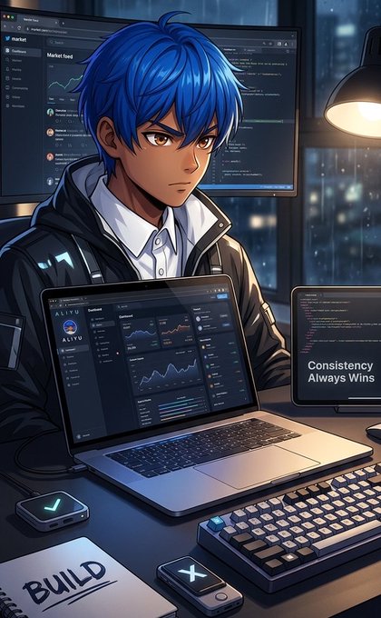 An anime-style illustration of a blue-haired young man working at a desk with multiple monitors displaying market data and trading charts, with text reading "Consistency Always Wins" and "BUILD".