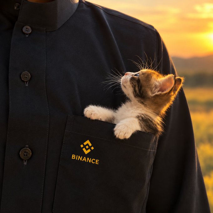 A small tabby-and-white kitten peeks out of a black shirt pocket labeled with the "BINANCE" logo, basking in a golden sunset. The image whimsically illustrates the caption "The youngest member joined the Binance team today."