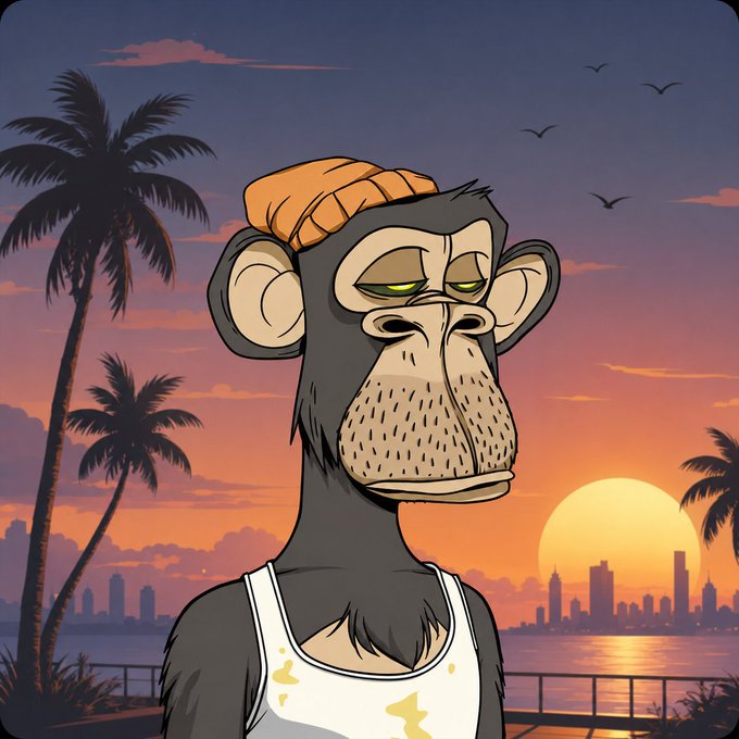 A cartoon-style illustration of a chimpanzee wearing an orange beanie and a stained white tank top, set against a tropical sunset with palm trees and a city skyline.