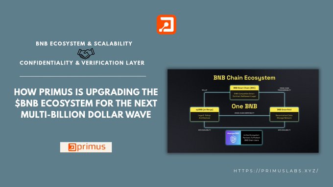 A presentation slide from Primus Labs titled 'HOW PRIMUS IS UPGRADING THE $BNB ECOSYSTEM FOR THE NEXT MULTI-BILLION DOLLAR WAVE' featuring a diagram of the BNB Chain Ecosystem with 'One BNB' in the center.