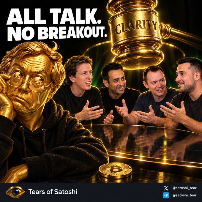 A crypto-themed graphic showing a golden crying figure next to four men at a table with a gavel labeled "CLARITY", text reading "ALL TALK. NO BREAKOUT.", and "Tears of Satoshi" branding with social handles.