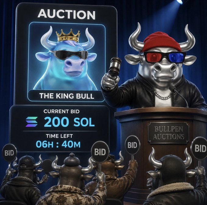 A digital auction screen displays "THE KING BULL" NFT with a "CURRENT BID" of 200 SOL and "TIME LEFT" of 06H:40M, while an animated bull wearing a red beanie and 3D glasses presides over the event at "BULLPEN AUCTIONS," surrounded by bidders holding "BID" paddles—visually capturing the exciting final-hour bidding war referenced in the post.