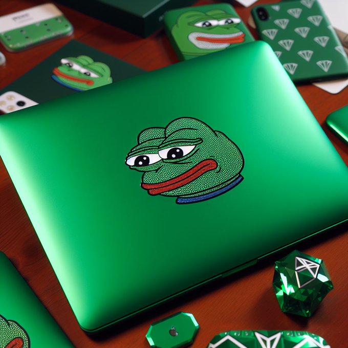 A collection of green merchandise featuring a stylized frog/Pepe character, including a laptop with a dotted-textured frog design, phone cases, and a green crystal, all displayed on a wooden surface.