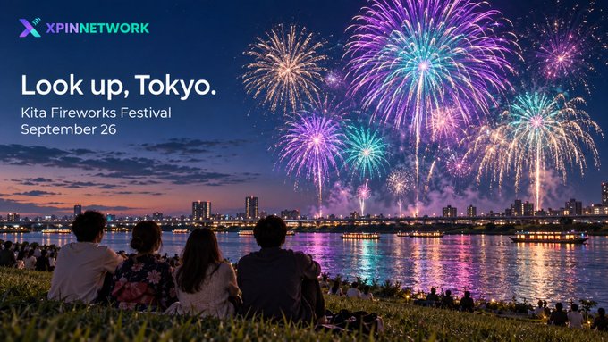 Four friends sit on a Tokyo riverbank at twilight, gazing up as brilliant purple, blue, and gold fireworks burst over the Arakawa river and city skyline, with overlaid text reading "XPIN NETWORK – Look up, Tokyo. Kita Fireworks Festival, September 26," tying the scenic evening image to the post's invitation to catch the late-September Kita Fireworks Festival and grab an XPIN Asia eSIM for the trip.