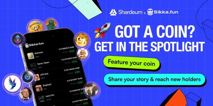 A promotional banner for Shardeum × Sikka.fun's "Coin Spotlight" initiative, displaying a smartphone interface showing meme tokens like "Raccoin," "Demo Token," "Elephant," and "Lava Fun" with their SHM prices, alongside call-to-action buttons to "Feature your coin" and "Share your story & reach new holders." The image directly supports the post's invitation to register for the Coin Spotlight program via shm.gg/coin-spotlight.