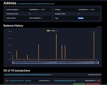 A cryptocurrency balance tracker dashboard shows an address beginning with "bc1qds" with a 0 BTC balance, displaying a 3-month balance history with notable spikes in BTC holdings, and listing 50 of 74 transactions including a recent transfer of 2,000 BTC valued at $130,309,448.