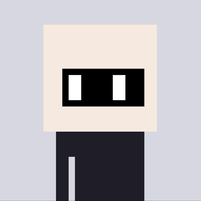 A minimalist geometric character design featuring a large square head with rectangular glasses and a dark rectangular body, set against a light blue background.