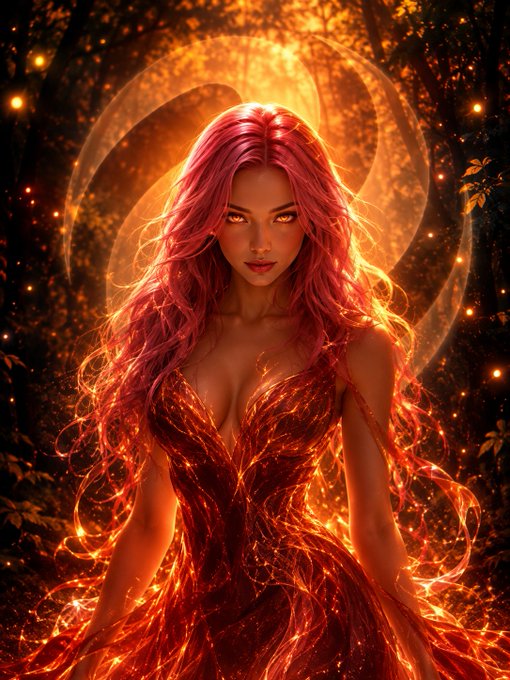 A fantasy digital art portrait of a woman with flowing pink hair and a fiery red dress, set against a glowing orange background with crescent moon shapes.