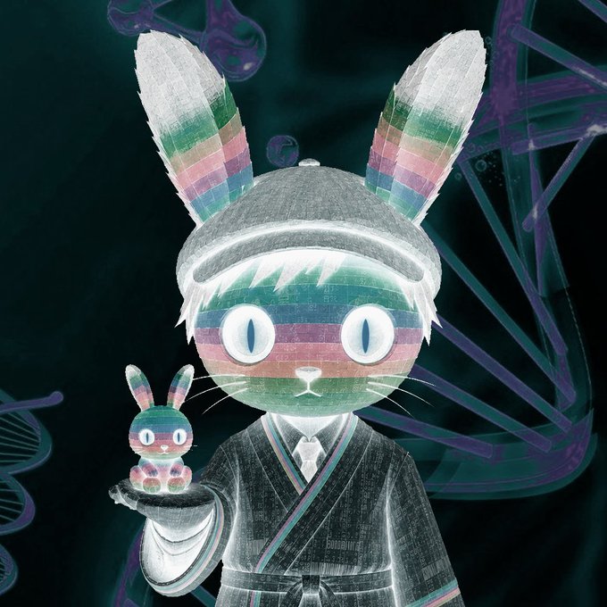 A digital illustration depicts a stylized anthropomorphic rabbit character wearing traditional East Asian robes and a hat, holding a smaller bunny figurine, with colorful glitch-like visual effects.