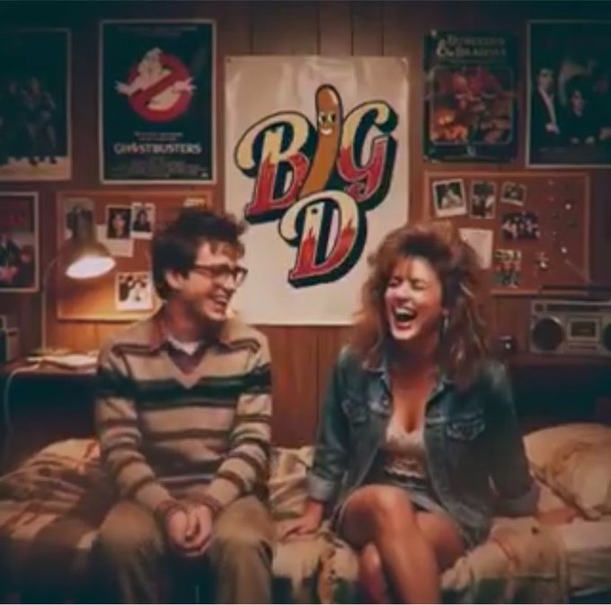 The scene captures a retro 1980s-style bedroom where a young man with glasses and a striped sweater sits beside a laughing woman in a denim jacket, with a prominent "Big D" banner and Ghostbusters poster decorating the wood-paneled wall behind them, evoking the nostalgic vibe tied to the "Big D" NFT project teased in the post.