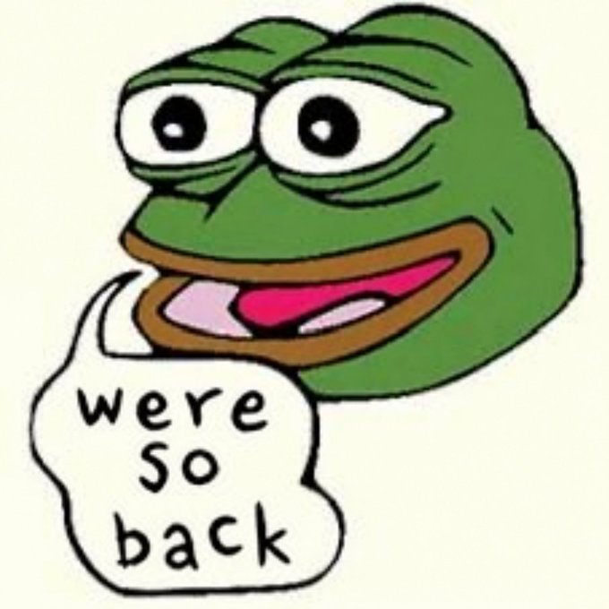 The image shows the "Pepe the Frog" meme giving a thumbs up, with text stating "We're so back." This aligns with the post's optimistic Friday sentiment and excitement about an upcoming "giga-rally," as the meme conveys bullish enthusiasm about the market returning strong.