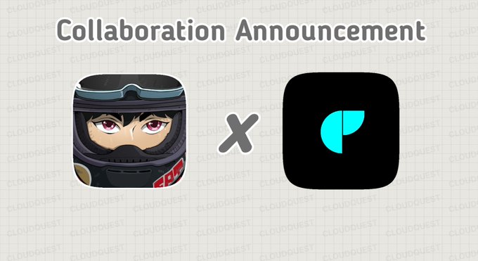 A "Collaboration Announcement" graphic featuring a character wearing a motorcycle helmet icon (CloudQuest/CQ) and a black app icon with a teal "P" shape, separated by an "X" symbol, representing a partnership between the two brands. The image relates to the post by announcing a collaboration where CQ pass holders will be eligible for an FCFS mint in the LastLapRH phase.