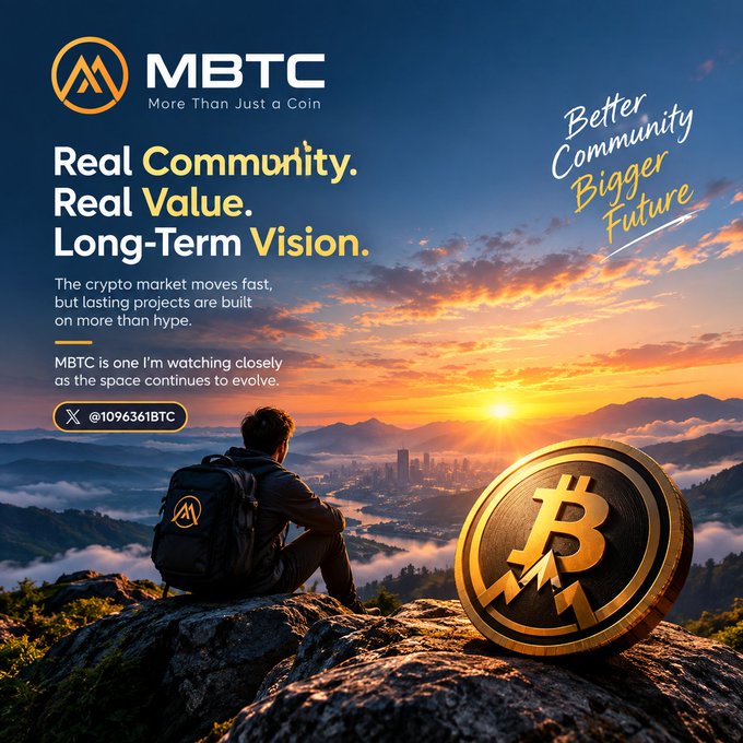 Promotional graphic for 'MBTC' (More Than Just a Coin) featuring a person overlooking a cityscape at sunset, with the tagline 'Better Community, Bigger Future' and the handle '@1096361BTC'.