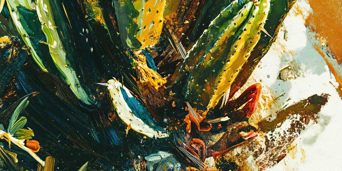 A vibrant abstract painting featuring bold brushstrokes in green, yellow, red, and dark tones with cactus-like imagery.