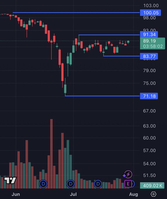 A dark-themed financial candlestick chart from TradingView (TV logo) tracking an asset's price from June through August, showing support levels at $71.18, $83.77, $91.34, and $100.05, with a current price around $89.19 and volume bars at the bottom.